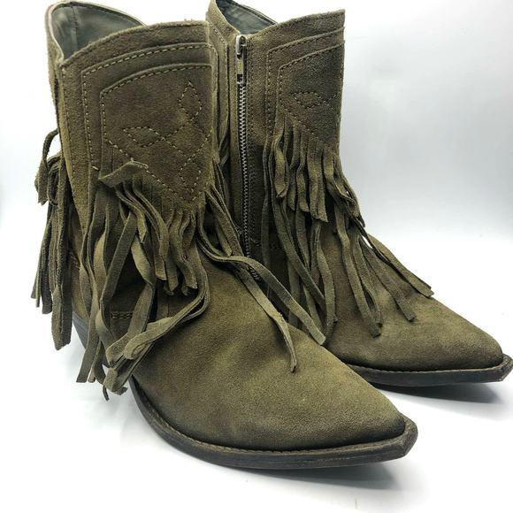 Free People Lawless Fringe Dark Green Suede Western Boots Size EU 38.5 / US 8.5 - Picture 1 of 10